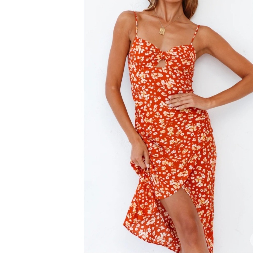 NEW Fortunate One CATHE Rust Floral Midi Dress Women MEDIUM SWEETHEART‎ KEYHOLE